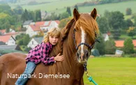 Mädchen auf einem Pferd auf dem Familienbauernhof Fass