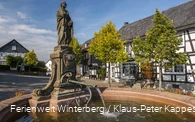 Brunnen auf dem Marktplatz in Hallenberg, umgeben von Fachwerkhäusern.