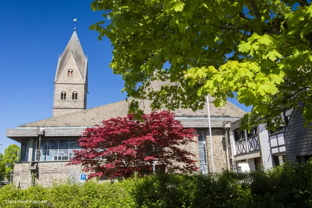Eine Kirche vor blauem Himmel mit Bäumen im Vordergrund.