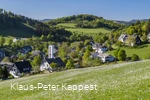 Eine Ansammlung von Häusern mit einer Kirche umgeben von Wäldern und Wiesen.