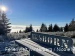 Tisch mit Metallschild mit der Aufschrift Hesborn umgeben von Wald, blauem Himmel und strahlender Sonne im Winter.