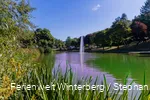 Ein See mit einer Fontäne in der Mitte umgeben von Wiesen, Sträuchern und Bäumen.